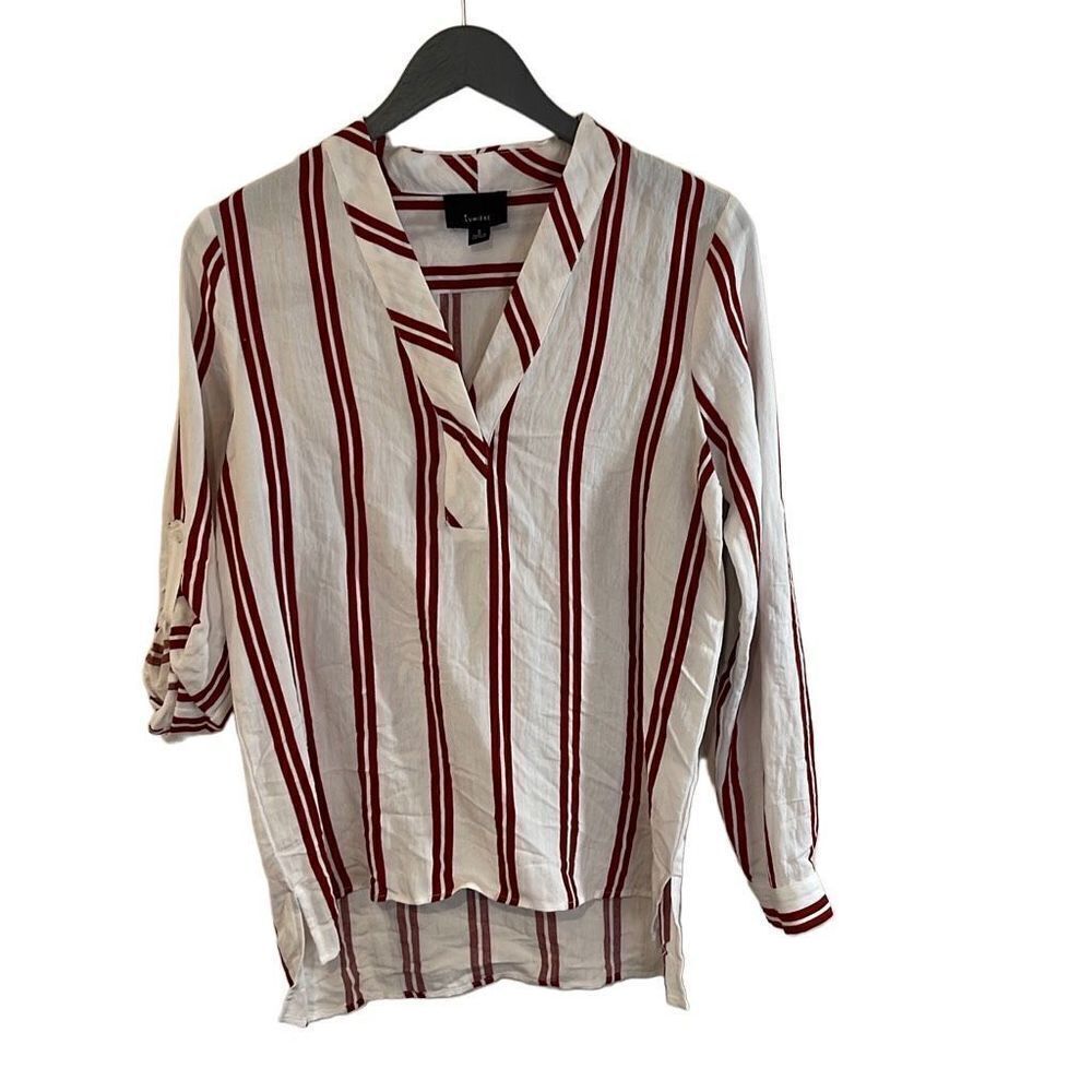 Lumiere Womens Long Sleeve V Neck Blouse Top Vertical Stripe White Red Small NWT